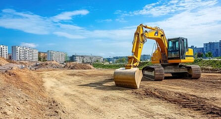 Obraz premium Photo of a yellow excavator on a construction site, with a dirt road in the background, a blue sky, and buildings in the distance.