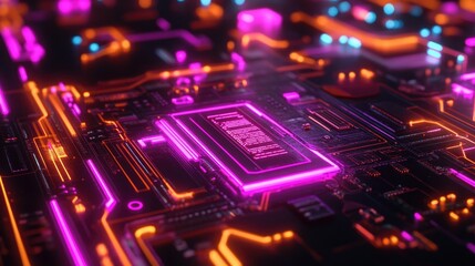 Abstract Circuit Board with Glowing Neon Lines