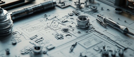Close-up of intricate mechanical blueprint layout