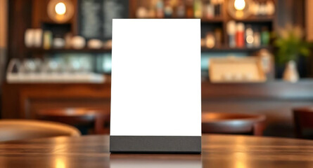 Mock up Blank menu card table tent on blurred cafe bar background