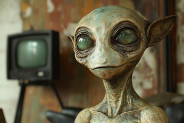 Alien statue displayed in an eclectic art studio with vintage television set in the background