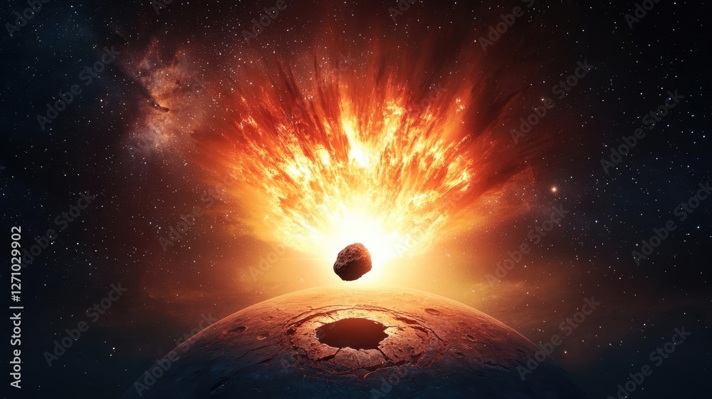 Aufkleber Asteroid impact idea. An explosive cosmic event showcases the power of celestial collisions in space.
