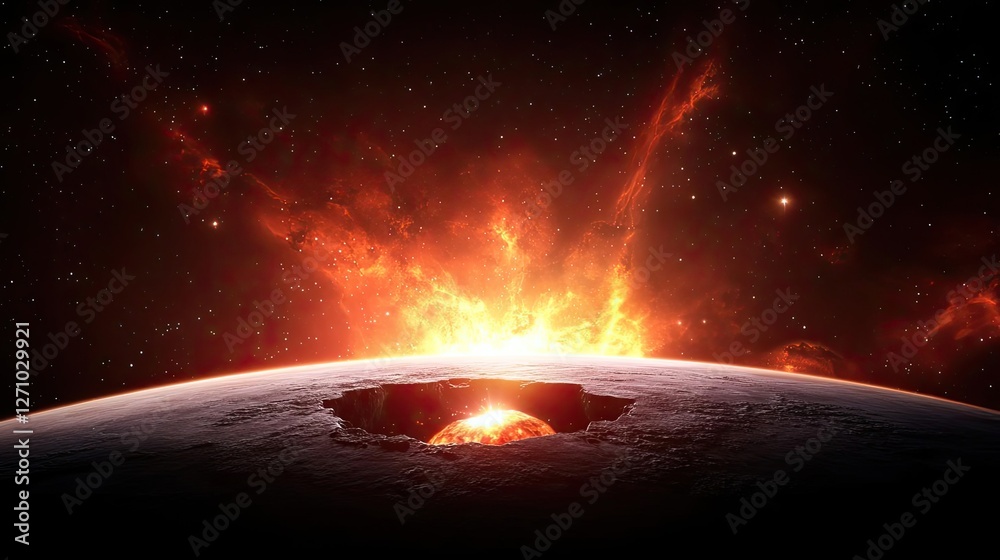 Poster Asteroid impact idea. Stunning view of a planet experiencing a cataclysmic event with vibrant fiery colors.
