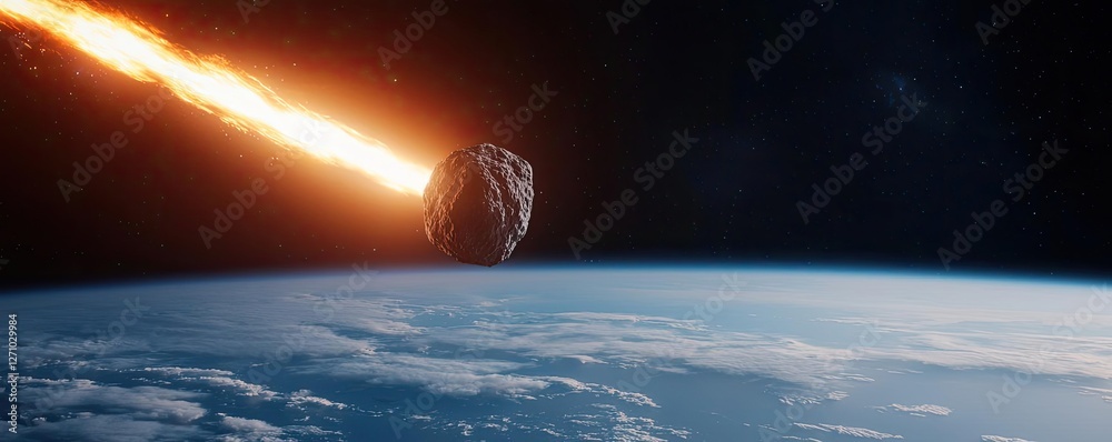 Poster asteroid impact idea. a dramatic view of an asteroid approaching earth with a fiery tail of light.