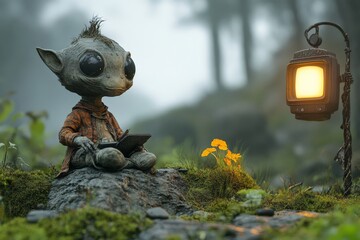 Obraz premium Curious creature explores nature while enjoying a glowing lantern in a serene forest setting during twilight