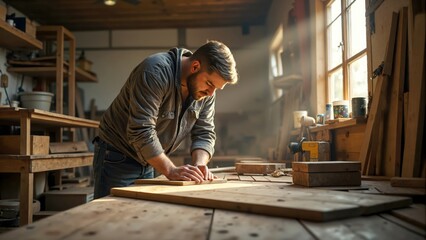 Carpenter Working Wood in Workshop