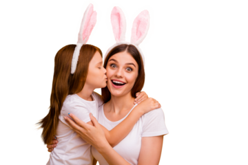 Close-up portrait of two nice attractive cheerful cheery excited sweet tender gentle adorable person mom mommy spending weekend having fun isolated over bright vivid shine yellow background