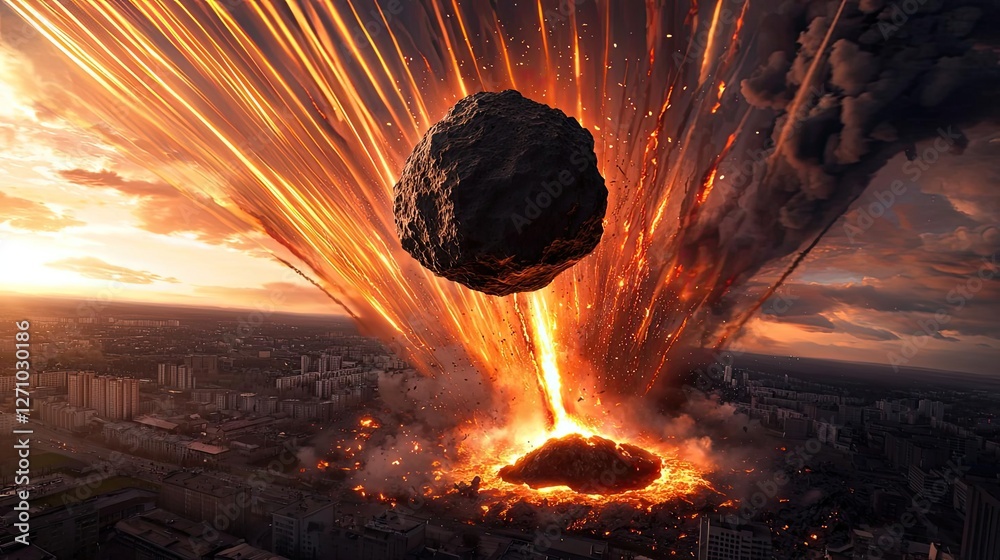 Poster asteroid impact idea. a dramatic volcanic eruption with molten lava and ash clouds filling the sky.