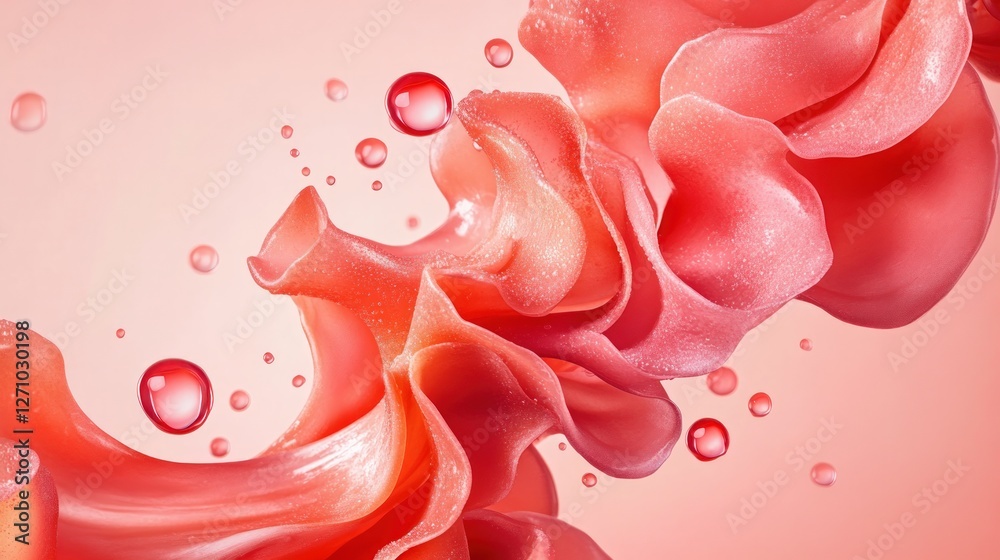 Aufkleber Elegant Waves of Pink Fabric Flowing with Droplets in Motion
