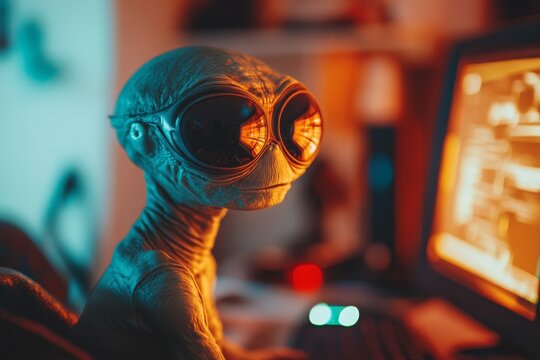 Alien creature interacts with technology in a dimly lit environment showcasing curiosity and intelligence