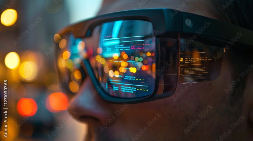 Aufkleber A person wears advanced smart glasses that showcase various digital elements reflected in the lenses.