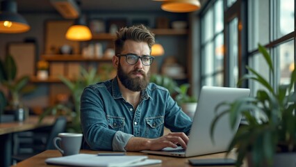Fototapeta premium Man Using Laptop at Cafe Table