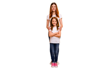 Full size photo of charming ladies with long hairstyle looking at camera with toothy smile isolated over yellow background