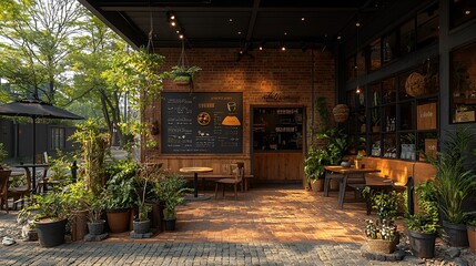 Fototapeta premium Outdoor cafe patio, brick wall, plants, sunlight, menu board, morning