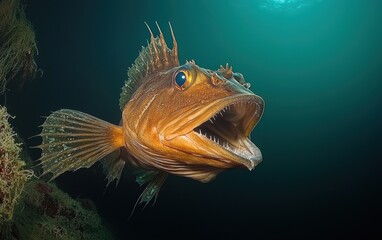 Fototapeta premium A dramatic shot of a European anglerfish hunting at the ocean depths