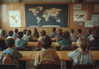 Obraz premium Vintage still images of an old-school classroom filled with children. The teacher stands in front of the blackboard, looking at the camera from behind
