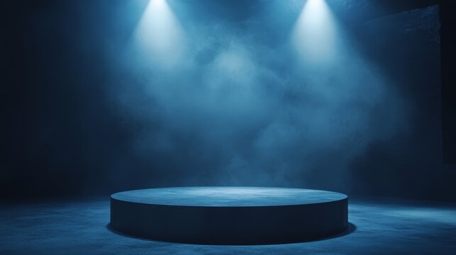 Dark stage with blue lights, foggy atmosphere, dramatic spotlight, empty platform, mysterious scene, illuminated background