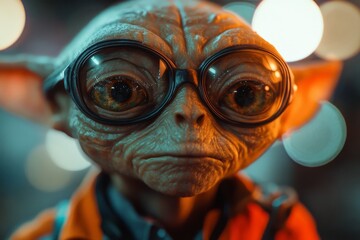 Alien character with large eyes and glasses displayed in a colorful urban setting during nighttime