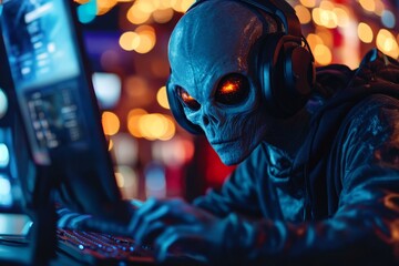 Alien gamer intensely focuses on computer screen in a vibrant gaming environment at night