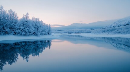 Fototapeta premium Winter Wonderland with Snowy Trees and Calm Reflections on a Frozen Lake : Generative AI