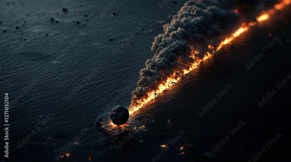 Poster asteroid impact concept. a stunning view of a meteor colliding with earth, creating flames and smoke