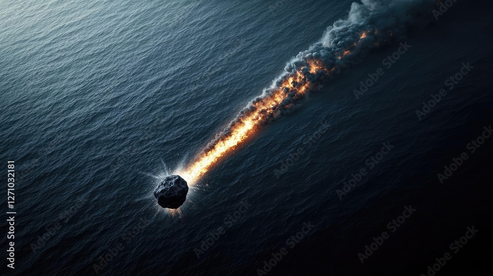 Poster Asteroid impact concept. A meteor streaking through the atmosphere over a vast ocean, creating a fiery trail.