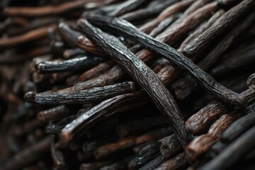 Fototapeta premium Vanilla Pods. Closeup of Natural Vanilla Beans in a Pile, Isolated on White Background