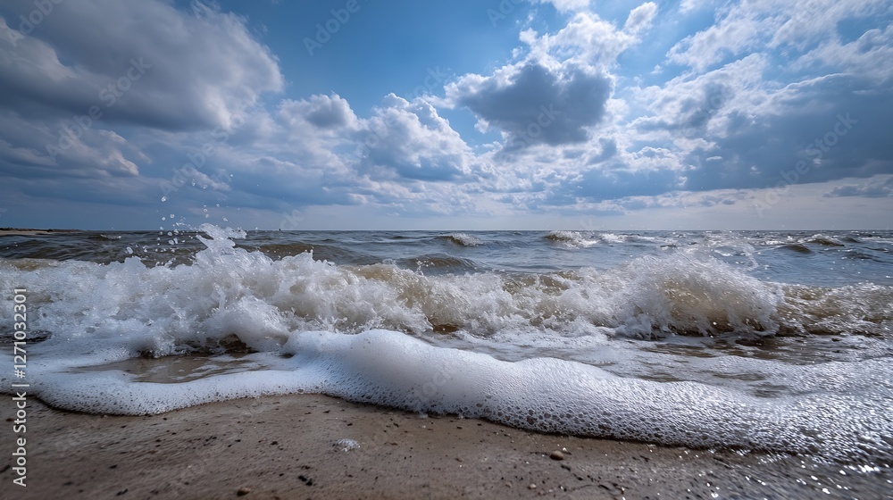 Poster dynamic waves crashing onto a sandy beach under a dramatic sky creating a stunning seascape : genera