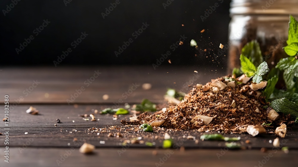 Poster freshly ground herbs and spices spreading on a wooden table creating an authentic culinary atmospher