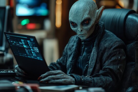 Mysterious alien figure engages with technology in a futuristic setting at night