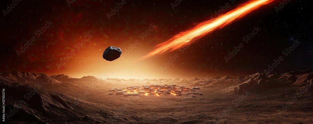 Poster asteroid impact idea. a dramatic illustration of an asteroid approaching a distant planet with fiery