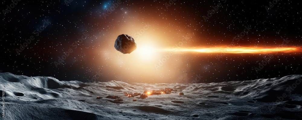 Aufkleber asteroid impact idea. asteroid flying towards a moon, illuminated by a distant star, cosmic event in