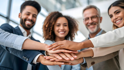 diversity matters inclusion workplace Diverse team members joining hands in unity, representing collaboration and teamwork.