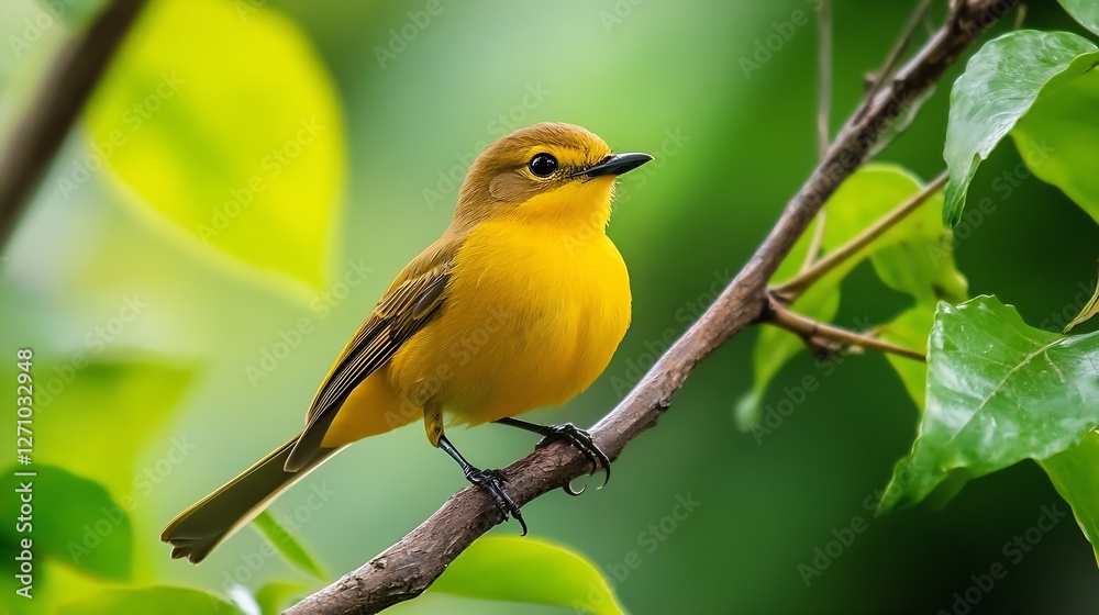 Poster vibrant yellow bird perched on a branch surrounded by lush green leaves in a natural setting : gener