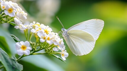 Elegant White Butterfly Feeding on Delicate Flowers in a Vibrant Green Natural Environment : Generative AI