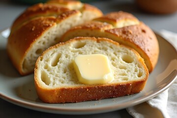 A plate of freshly baked Irish soda bread with a slab of melting butter.