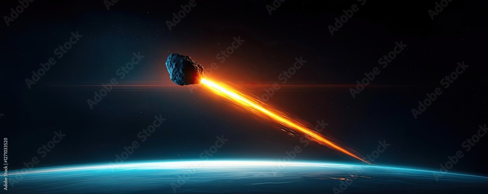 Poster asteroid impact idea. a stunning view of an asteroid entering earth's atmosphere with a fiery tail.