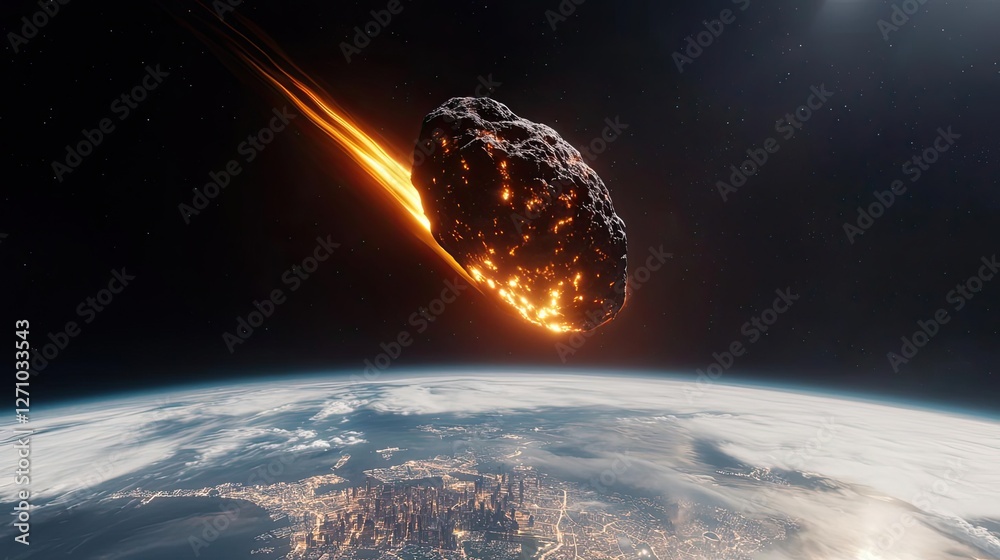 Poster asteroid impact idea. a dramatic view of an asteroid hurtling towards earth, showcasing cosmic explo