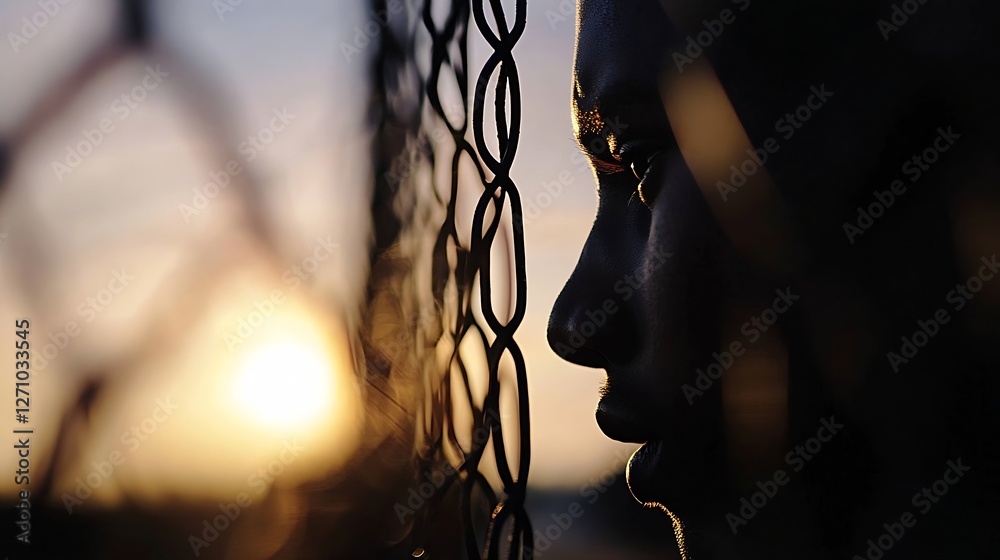 Poster profile of a young man looking through a chain link fence during sunset highlighting emotion and ref
