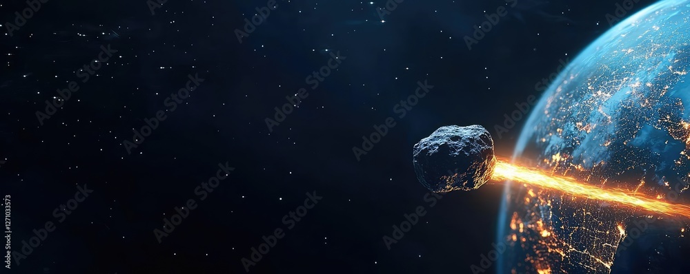 Poster asteroid impact idea. asteroid approaching earth in space, showcasing cosmic phenomena and celestial