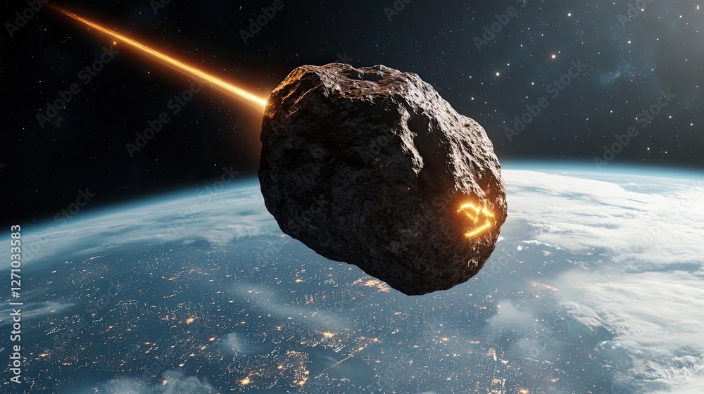 Poster asteroid impact idea. a meteor entering earth's atmosphere, burning brightly as it approaches the pl