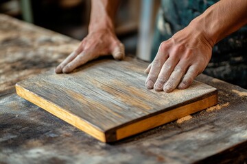 carpenter hands sanding a piece of recycled wood in an upcycling furniture workshop, minimal background with copy space