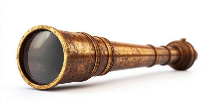 Vintage Telescope. Antique Brass Naval Captain Spyglass Isolated on White Background