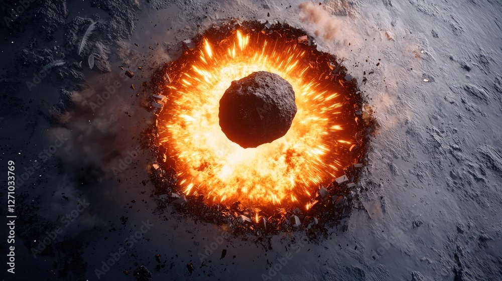 Poster asteroid impact concept. a dramatic impact scene showcasing an asteroid colliding with a fiery surfa