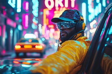 Urban nightlife with a man in a yellow jacket and headphones in a vibrant city filled with neon...