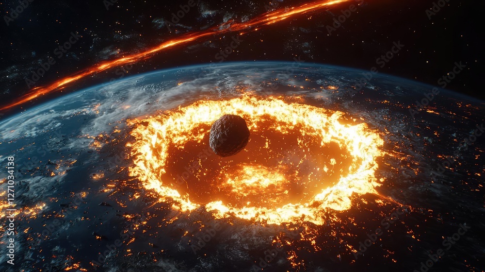 Poster asteroid impact idea. a stunning depiction of an asteroid colliding with earth, creating fiery explo