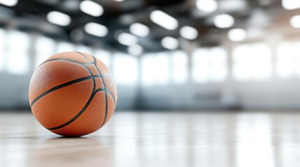 Fototapeta premium Orange Basketball on Indoor Court Floor
