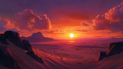 Naklejka premium Crimson horizon, breathtaking twilight colors over a serene desert landscape