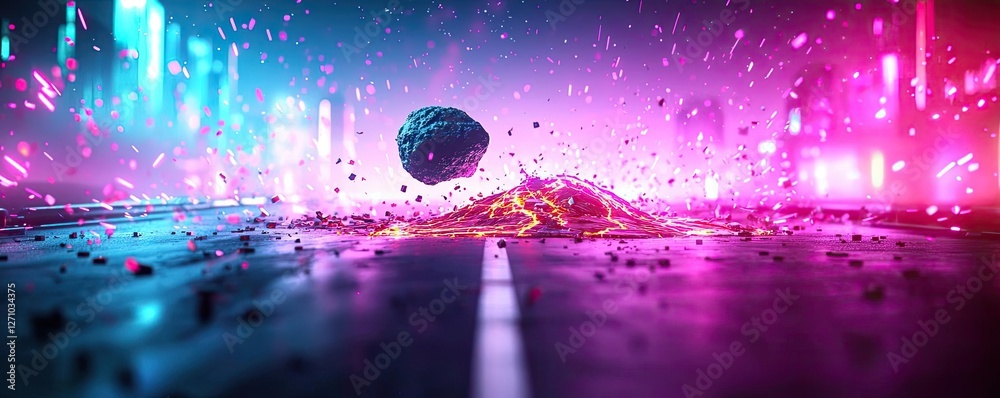 Poster asteroid impact idea. futuristic volcano eruption with vibrant colors and abstract elements.
