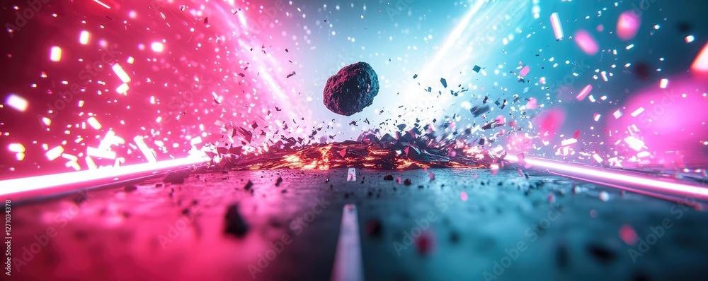Poster asteroid impact idea. futuristic visual of a dynamic explosion with vibrant colors and glowing effec